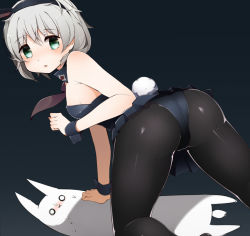Rule 34 | 1girl, arm support, ass, bad id, bad pixiv id, bare arms, bare shoulders, black pantyhose, blush, breasts, green eyes, grey hair, hairband, kinakomoti, kneeling, leotard, looking at viewer, looking back, open mouth, pantyhose, playboy bunny, sanya v. litvyak, shiny clothes, short hair, simple background, small breasts, solo, strike witches, world witches series, wrist cuffs