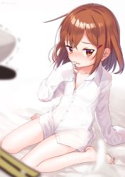 Rule 34 | 1boy, 1girl, absurdres, admiral (kancolle), alternate costume, bare legs, barefoot, blush, brown eyes, brown hair, collarbone, commentary request, dx (dekusu), epaulettes, finger to mouth, hair between eyes, hair ornament, hairclip, hat, highres, ikazuchi (kancolle), kantai collection, long sleeves, looking at viewer, loose clothes, military, military uniform, naked shirt, naval uniform, peaked cap, shirt, short hair, simple background, sitting, sweatdrop, uniform, wariza