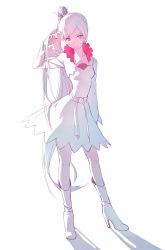 Rule 34 | 1girl, blue eyes, boots, breasts, contrapposto, crown, high heel boots, high heels, high ponytail, highres, jewelry, long hair, necklace, ponytail, rwby, scar, scar across eye, scar on face, small breasts, smile, solo, standing, weiss schnee, white background, wide sleeves, zane (759072704)