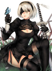 Rule 34 | 1girl, back cutout, black dress, blindfold, boots, breasts, bug, butterfly, cleavage, cleavage cutout, clothing cutout, dress, feather-trimmed sleeves, highres, bug, katana, leotard, long sleeves, nier (series), nier:automata, rokukatamari, solo, sword, thighhighs, thighhighs under boots, vambraces, weapon, white leotard, 2b (nier:automata)
