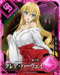 Rule 34 | 1girl, bare shoulders, blonde hair, blue eyes, breasts, card (medium), claire harvey, earrings, hundred (light novel), japanese clothes, jewelry, large breasts, long hair, looking at viewer, official art