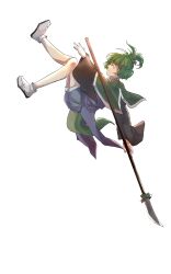 Rule 34 | absurdres, adagumo no saragimaru, black sleeves, blunt bangs, capelet, chinese commentary, commentary request, earthen miraculous sword, from side, gougongzhineng, green capelet, green hair, hair ornament, highres, holding, holding polearm, holding weapon, japanese clothes, len&#039;en, len'en, naginata, polearm, puffy shorts, reaching, red eyes, sandals, short hair, short ponytail, shorts, snake hair ornament, snake tail, socks, tail, transparent background, weapon, white socks, wide sleeves