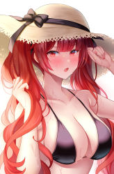 Rule 34 | 1girl, :o, azur lane, bikini, black bikini, black bow, blunt bangs, blush, bow, breasts, brown hat, cleavage, collarbone, ear blush, hat, hat bow, hat ornament, highres, honolulu (azur lane), honolulu (summer accident?!) (azur lane), large breasts, long hair, looking at viewer, nail polish, official alternate costume, open mouth, pink nails, red eyes, red hair, simple background, solo, straw hat, sweat, swimsuit, twintails, upper body, v-shaped eyebrows, very long hair, white background, yukinimaru