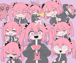 Rule 34 | 1girl, :3, :p, animal, black shorts, black track suit, cat, closed eyes, closed mouth, coke-bottle glasses, crossed arms, double v, glasses, hair between eyes, hands up, heart, heart hands, highres, holding, holding instrument, horn (instrument), instrument, konton boogie (vocaloid), long hair, looking at viewer, looking to the side, open mouth, partially shaded face, pink background, pink eyes, pink hair, pointing, pointing at viewer, ruten (onakasukusuku), sharp teeth, shorts, sidelocks, simple background, smile, smug, sweat, tears, teeth, tongue, tongue out, track suit, trumpet, twintails, v, variations, vocaloid, vuvuzela, white footwear