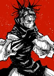 Rule 34 | 1boy, black hair, blood, blood on face, blood on hands, choso (jujutsu kaisen), clenched hand, cowboy shot, fighting stance, hand on own chest, highres, japanese clothes, jujutsu kaisen, kimono, looking at viewer, male focus, oniku meat, open hand, outstretched arm, parted lips, partially colored, red background, sash, scarf, serious, simple background, solo, standing, swept bangs, tattoo, twintails, white kimono, wide sleeves