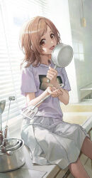 Rule 34 | 1girl, :d, absurdres, basket, window blinds, breasts, brown eyes, brown hair, counter, feet out of frame, from side, hands up, happy, head tilt, highres, holding, holding saucepan, holding spatula, holding utensil, idolmaster, idolmaster shiny colors, indoors, kitchen, ladle, long hair, medium breasts, on counter, open mouth, parted bangs, pink shirt, pleated skirt, sakuragi mano, saucepan, shirt, short sleeves, sidelocks, sitting, skirt, smile, solo, spatula, t-shirt, tile wall, tiles, utensil, white skirt, yinrain0023