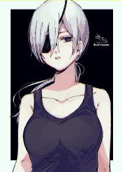 Rule 34 | 1girl, bare shoulders, black background, black eyes, black tank top, blue background, breasts, chainsaw man, collarbone, commentary request, eyepatch, half-closed eye, highres, long hair, looking at viewer, low ponytail, medium breasts, parted lips, ponytail, quanxi (chainsaw man), signature, silver hair, sofra, solo, tank top, twitter username, two-tone background, upper body
