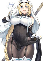 Rule 34 | 1girl, black bodysuit, black robe, blonde hair, blue eyes, blush, bodysuit, braid, breast curtains, breasts, bridal gauntlets, chiikawa, clothes lift, commentary, cowboy shot, cross, cross necklace, detached sleeves, drooling, facial mark, forehead mark, garter straps, gloves, goddess of victory: nikke, habit, hachiware (chiikawa), highres, jewelry, large breasts, long braid, long hair, mouth drool, necklace, nose blush, nun, open mouth, parted bangs, pelvic curtain, pelvic curtain lift, rapunzel (nikke), robe, rosary, sidelocks, simple background, skindentation, solo, spoken character, staff, standing, sweat, teeth, thigh gap, thighhighs, upper teeth only, very long hair, weapon, weapon on back, white background, white gloves, white thighhighs, wrist cuffs, yougenko