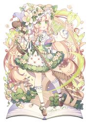 Rule 34 | 1girl, blonde hair, braid, bug, butterfly, flower, flower ornament, frilled skirt, frills, green eyes, hair flower, hair ornament, hat, holding, holding staff, hyou (pixiv3677917), insect, leaf, long hair, mushroom, open mouth, original, shoes, skirt, socks, staff, twin braids, very long hair, white socks, witch hat, wooden staff