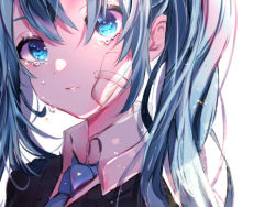 Rule 34 | 1girl, bad id, bad pixiv id, bandaid, bandaid on cheek, bandaid on face, blue eyes, blue necktie, chigiri kurenai, close-up, collared shirt, commentary, crying, crying with eyes open, hatsune miku, highres, long hair, looking at viewer, necktie, parted lips, portrait, rolling girl (vocaloid), shirt, simple background, solo, sparkle, tears, teeth, twintails, very long hair, vocaloid, white background, white shirt, wing collar
