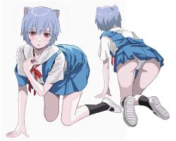 Rule 34 | 1girl, all fours, animal ears, ayanami rei, black socks, blue hair, blush, breasts, cat ears, cat girl, commentary request, full body, highres, looking at viewer, medium breasts, neon genesis evangelion, panties, red eyes, school uniform, shiren (ourboy83), shirt, short hair, socks, solo, tokyo-3 middle school uniform, underwear, white background, white footwear, white panties, white shirt