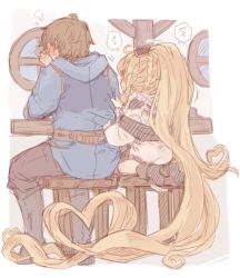 Rule 34 | 1boy, 1girl, 7010, absurdly long hair, ahoge, black bow, blonde hair, blue hoodie, blush, boots, bow, braid, brown hair, chair, dress, embarrassed, gran (granblue fantasy), granblue fantasy, hair bow, harvin, heart, heart hair, hood, hoodie, indoors, long hair, long sleeves, melissabelle, open mouth, pants, pointy ears, sitting, very long hair, white dress, window