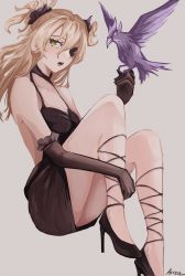Rule 34 | 1girl, animal, animal on hand, arisse, bird, black dress, black footwear, black gloves, black ribbon, blonde hair, breasts, chuunibyou, cleavage, crow, dress, elbow gloves, eyepatch, fischl (genshin impact), genshin impact, gloves, green eyes, grey background, hair ribbon, hand on leg, high heels, highres, long hair, looking to the side, open mouth, oz (genshin impact), ribbon, short dress, signature, simple background, stiletto heels, twintails, two side up