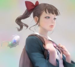 Rule 34 | 1girl, backpack, bag, blue eyes, bow, brown hair, closed mouth, commentary request, hair bow, hands up, light frown, lips, looking ahead, mujiha, nose, original, ponytail, red bow, short hair, solo, upper body