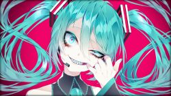Rule 34 | 1055, 1girl, aqua eyes, aqua hair, black shirt, collared shirt, commentary request, crazy smile, finger in own mouth, grin, hair between eyes, hand up, hatsune miku, head tilt, headset, highres, long hair, long sleeves, looking at viewer, mouth pull, pink background, pink pupils, portrait, sharp teeth, shirt, simple background, smile, solo, teeth, twintails, uneven eyes, upper body, vocaloid, wavy hair