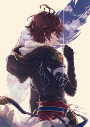 Rule 34 | 1boy, ahoge, armor, belt, bishounen, breastplate, brown hair, cape, closed eyes, cloud, cloudy sky, commentary, commentary request, feathers, fingerless gloves, from side, gloves, granblue fantasy, hair between eyes, highres, holding, holding feather, hood, hood down, male focus, sandalphon (granblue fantasy), short hair, signature, silhouette, sky, sumi noth, white cape, white feathers