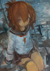 1girl absurdres brown_hair commentary folded_ponytail hair_between_eyes highres inazuma_(kancolle) kaamin_(mariarose753) kantai_collection kneeling long_sleeves neckerchief necktie orange_eyes pleated_skirt red_neckerchief red_necktie rigging sailor_collar school_uniform serafuku sitting skirt smile solo water