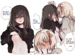 Rule 34 | 2girls, black hair, blonde hair, blush, closed eyes, clothes lift, ear blush, english text, full-face blush, hand on another&#039;s shoulder, highres, inoue takina, kabedon, kabnu2204, lifted by self, lycoris recoil, multiple girls, navel, nipples, nishikigi chisato, parted lips, purple eyes, red eyes, sweatdrop