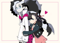 Rule 34 | 1boy, 1girl, aru (user yjjc5453), black choker, black hair, black jacket, blush, brother and sister, choker, closed mouth, commentary request, creatures (company), cropped jacket, dress, earrings, eyeshadow, game freak, green eyes, gym leader, hair ribbon, heart, highres, jacket, jewelry, long hair, long sleeves, makeup, marnie (pokemon), multicolored hair, nintendo, open clothes, piers (pokemon), pink dress, pokemon, pokemon swsh, red ribbon, ribbon, siblings, two-tone hair, white jacket