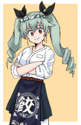 Rule 34 | 1girl, anchovy (girls und panzer), apron, black ribbon, blue apron, border, closed mouth, commentary, crossed arms, drill hair, girls und panzer, green hair, hachimaki, hair ribbon, headband, long hair, long sleeves, looking at viewer, mutsu (layergreen), pants, red eyes, ribbon, shirt, simple background, smile, solo, standing, twin drills, twintails, waist apron, white border, white pants, white shirt, yellow background