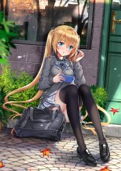 Rule 34 | 1girl, :o, absurdres, autumn leaves, bag, black footwear, black shirt, black thighhighs, blend s, blonde hair, blue eyes, blush, bookbag, bow, bowtie, bush, cellphone, chestnut mouth, collared shirt, commentary request, day, door, dutch angle, earbuds, earphones, fingernails, full body, grey sweater, hair between eyes, highres, hinata kaho, holding, leaf, long hair, long sleeves, looking at viewer, maple leaf, outdoors, parted lips, phone, plaid, plaid bow, plaid bowtie, plaid neckwear, plaid skirt, pleated skirt, reflection, school bag, school uniform, shirt, shoes, sidelocks, sitting, skirt, smartphone, solo, sweater, swordsouls, thighhighs, twintails, very long hair, window