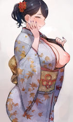 Rule 34 | 1girl, akinaga kaede, black hair, blush, breasts, c.cu, floral print, flower, hair flower, hair ornament, hand on own cheek, hand on own face, inverted nipples, japanese clothes, kimono, large breasts, looking at viewer, mole, mole under eye, nail polish, nipples, one breast out, original, ponytail, puffy nipples, red eyes, short hair, simple background, solo, undressing, white background