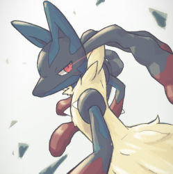 Rule 34 | aberu (ycrr3542), closed mouth, commentary request, creatures (company), eye trail, game freak, gen 4 pokemon, glowing, glowing eyes, grey background, light trail, looking back, lucario, mega lucario, mega pokemon, nintendo, pokemon, pokemon (creature), red eyes, solo, spikes, yellow fur