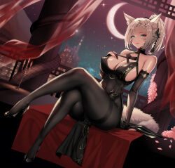 Rule 34 | 1girl, animal ears, arm warmers, black dress, black footwear, black pantyhose, blue eyes, breasts, cat ears, cleavage, commission, covered erect nipples, crescent moon, crossed legs, curtains, dress, facial mark, final fantasy, final fantasy xiv, grey hair, hair ribbon, hand on own chest, high heels, high ponytail, highres, large breasts, light smile, looking at viewer, mad kimo, moon, pantyhose, parted lips, patent heels, pelvic curtain, pumps, ribbon, shoes, sitting, sky, solo, star (sky), starry sky, stiletto heels, thick thighs, thighs, tight clothes, tight dress, warrior of light (ff14), whisker markings