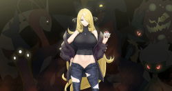 Rule 34 | 1girl, absurdres, alternate costume, black nails, blonde hair, blush, breasts, commentary, creatures (company), crop top, cynthia (pokemon), denim, fingernails, game freak, garchomp, gastrodon, gastrodon (west), gen 3 pokemon, gen 4 pokemon, glowing, glowing eyes, grey eyes, hair ornament, hair over one eye, highres, jeans, large breasts, long fingernails, long hair, looking at viewer, lucario, midriff, milotic, nail polish, navel, nintendo, no panties, pants, poke ball, poke ball (basic), pokemon, pokemon (creature), pokemon dppt, roserade, sky-freedom, smile, spiritomb, torn clothes, torn jeans, torn pants, unbuttoned, very long hair