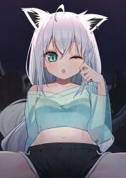 Rule 34 | 1girl, ;o, ahoge, animal ear fluff, animal ears, bare shoulders, black shorts, blue shirt, braid, breasts, collarbone, commentary request, crop top, ear piercing, fox ears, fox girl, fox tail, green eyes, hair between eyes, hand up, hololive, long sleeves, looking at viewer, midriff, navel, off shoulder, one eye closed, open mouth, piercing, see-through, see-through sleeves, shirakami fubuki, shirt, short shorts, shorts, silver hair, sitting, small breasts, solo, spread legs, syhan, tail, virtual youtuber