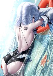 Rule 34 | 1girl, absurdres, ass, back tattoo, barcode, barcode tattoo, black one-piece swimsuit, blush, breasts, detached sleeves, eyewear on head, grey hair, highres, lifeboat, long hair, long sleeves, lying on water, manjo (warito), no.21: xxi (solar frost) (punishing: gray raven), no.21 (punishing: gray raven), one-piece swimsuit, punishing: gray raven, small breasts, solo, starfish, sunglasses, swimsuit, tattoo, twintails, very long hair, white sleeves