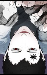 Rule 34 | 1boy, black clover, black hair, black robe, cape, close-up, facial mark, fingernails, forehead mark, fur cape, highres, koine (draw), lucius zogratis, male focus, open mouth, purple background, red eyes, robe, short hair, smile, solo, upside-down, white fur