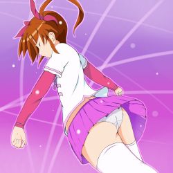Rule 34 | 1girl, absurdres, ass, blush, brown hair, closed eyes, closed mouth, hair ribbon, hajime00000001, highres, lyrical nanoha, mahou shoujo lyrical nanoha, mahou shoujo lyrical nanoha a&#039;s, miniskirt, panties, pantyshot, pink skirt, pleated skirt, ribbon, shiny skin, short hair, skirt, solo, takamachi nanoha, thighhighs, twintails, underwear, white panties, white thighhighs