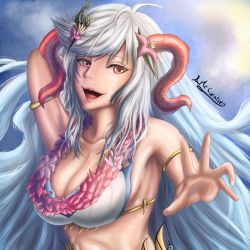 Rule 34 | 1girl, arm behind head, armband, artecurativo, bikini, breasts, fire emblem, fire emblem heroes, flower neckwear, freyja (fire emblem), goat horns, highres, horns, large breasts, long hair, looking at viewer, nintendo, official alternate costume, open hand, open mouth, red eyes, signature, smile, solo, swimsuit, upper body, very long hair, white bikini, white hair