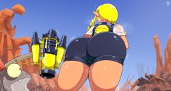 Rule 34 | 1girl, andro juniarto, ass, back, bike shorts, blonde hair, blush, braid, female focus, from behind, huge ass, inkling, inkling girl, inkling player character, long hair, looking at another, mask, nintendo, shorts, single braid, solo focus, splatoon (series), splatoon 3, standing, sweat, tentacle hair, thighs, yellow eyes