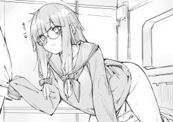 Rule 34 | 1girl, all fours, blunt bangs, bottomless, bow, captain nemo (fate), collarbone, commentary request, fate/grand order, fate (series), glasses, greyscale, hair bow, highres, long sleeves, monochrome, multiple hair bows, naha78, nemo (fate), no panties, police, professor nemo (fate), round eyewear, sailor collar, school uniform, serafuku, sketch, sleeves past fingers, sleeves past wrists, solo focus, sweat