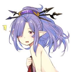 Rule 34 | 1girl, breasts, commentary request, covering privates, granblue fantasy, hair ornament, hair over one eye, hairclip, hand on own chest, harvin, niyon (granblue fantasy), nude, pink eyes, pointy ears, ponytail, purple hair, solo, surprised, sweatdrop, toruneko, wavy mouth, white background