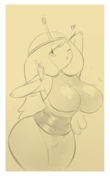 Rule 34 | 1girl, adventure time, blush, heart, long hair, looking at viewer, monochrome, one eye closed, princess, princess bonnibel bubblegum, solo, thick thighs, thighs, tiara, wide hips, wink