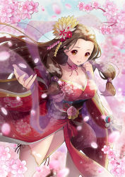 Rule 34 | 1girl, absurdres, blurry, blurry background, breasts, brown eyes, brown hair, cleavage, collarbone, commentary request, copyright request, day, depth of field, floating hair, floral print, flower, forehead, hagoromo, hair flower, hair ornament, hand up, highres, japanese clothes, kimono, koflif, long hair, long sleeves, looking at viewer, medium breasts, obi, outdoors, parted bangs, parted lips, petals, pink flower, print kimono, red flower, red kimono, sash, see-through, shawl, solo, teeth, upper teeth only, very long hair, wide sleeves