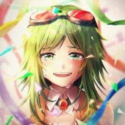 Rule 34 | 1girl, amulet, anniversary, bare shoulders, blush, collar, commentary, confetti, crying, crying with eyes open, goggles, goggles on head, green eyes, green hair, gumi, happy tears, highres, looking at viewer, open mouth, portrait, red-tinted eyewear, reiro sakura, ribbon, short hair with long locks, smile, solo, tears, tinted eyewear, vocaloid
