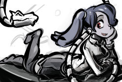 Rule 34 | 1girl, alternate costume, big-d, black thighhighs, blue hair, blue skin, breasts, colored skin, hair over one eye, head rest, leviathan (skullgirls), long hair, necktie, non-web source, red eyes, school uniform, side ponytail, skirt, skullgirls, small breasts, solo, squigly (skullgirls), stitched mouth, stitches, thighhighs, zettai ryouiki, zombie