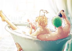 Rule 34 | 2boys, blonde hair, bottle, completely nude, couple, earrings, feet up, from behind, green hair, holding, holding bottle, jewelry, leaning on person, male focus, multiple boys, nude, one piece, pra (prapon0904), roronoa zoro, same-sex bathing, sanji (one piece), shared bathing, short hair, sideburns, single earring, soap bubbles, toned, toned male, wet, wet hair, yaoi