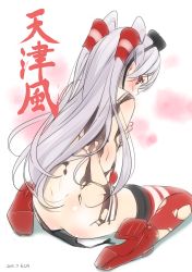 Rule 34 | 10s, 1girl, 2015, ama mitsuki, amatsukaze (kancolle), artist name, ass, back, black panties, blush, butt crack, character name, dated, gradient background, hat, kantai collection, looking at viewer, panties, unworn panties, red eyes, red thighhighs, school uniform, serafuku, silver hair, sitting, solo, thighhighs, torn clothes, torn panties, torn thighhighs, twintails, two side up, underwear, wariza