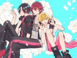 Rule 34 | 3boys, black hair, blonde hair, blue background, dankira!!!, double ok sign, geta (epicure no12), green eyes, highres, leaning back, leaning on person, long hair, looking at viewer, male focus, miki nozomu, multicolored hair, multiple boys, ok sign, one eye closed, open mouth, red hair, smile, tsubaki seito, white background, yagami soma