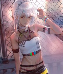 Rule 34 | 1girl, adjusting hair, altera (fate), armlet, bare shoulders, black nails, brand name imitation, breasts, chain-link fence, commentary request, crop top, dark-skinned female, dark skin, fate/grand order, fate (series), fence, fishnets, full-body tattoo, headdress, highres, leaning back, matsuo shogo, midriff, nail polish, navel, parted lips, red eyes, revealing clothes, small breasts, solo, stomach, tan, tattoo, veil, white hair