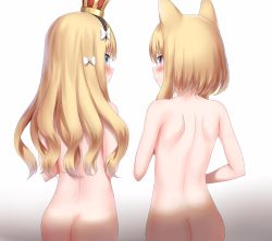 Rule 34 | 2girls, absurdres, animal ears, ass, azur lane, back, back focus, black hairband, blonde hair, blue eyes, blush, bow, brown background, butt crack, cat ears, closed mouth, commentary request, crown, from behind, gradient background, hair bow, hairband, highres, long hair, looking at viewer, looking back, mini crown, multiple girls, nedia (nedia region), nude, profile, purple eyes, queen elizabeth (azur lane), short hair with long locks, shoulder blades, sidelocks, simple background, striped clothes, striped hairband, warspite (azur lane), white background, white bow