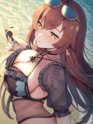 Rule 34 | 1girl, blush, breasts, brown hair, cleavage, closed mouth, cup, earrings, eden (honkai impact), eyewear on head, highres, holding, holding cup, honkai (series), honkai impact 3rd, jewelry, large breasts, long hair, looking at viewer, nail polish, ocean, official alternate costume, see-through, smile, solo, standing, swimsuit, ura (hamburg oniku), water