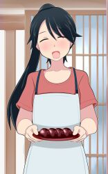 Rule 34 | 1girl, alternate costume, apron, black hair, closed eyes, collarbone, food, high ponytail, highres, holding, holding plate, housewife, houshou (kancolle), kantai collection, long hair, open mouth, pink shirt, plate, shirt, solo, tanaka rikimaru, upper body, white apron