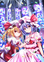 Rule 34 | 2girls, absurdres, ascot, bat wings, blonde hair, blue hair, blush, bow, church, column, cross, dress, eyebrows, flandre scarlet, frilled dress, frilled shirt, frilled shirt collar, frilled sleeves, frills, glass, hair between eyes, hand on another&#039;s face, hat, hat bow, hat ribbon, highres, hyurasan, indoors, long hair, looking at viewer, mob cap, multiple girls, pillar, pink dress, puffy short sleeves, puffy sleeves, red bow, red eyes, red ribbon, remilia scarlet, ribbon, shirt, short hair, short sleeves, siblings, side ponytail, sisters, sitting, stained glass, touhou, wings, wristband