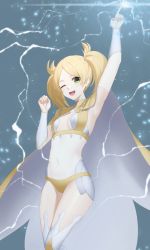 Rule 34 | 1girl, alternate color, armpits, blonde hair, bodystocking, breasts, cape, cleavage, cosplay, covered navel, dark mage (fire emblem fates), dhokidoki, fire emblem, fire emblem awakening, fire emblem fates, green eyes, highres, lissa (fire emblem), long hair, nintendo, one eye closed, ophelia (fire emblem), ophelia (fire emblem) (cosplay), see-through, small breasts, smile, solo, thighs, twintails